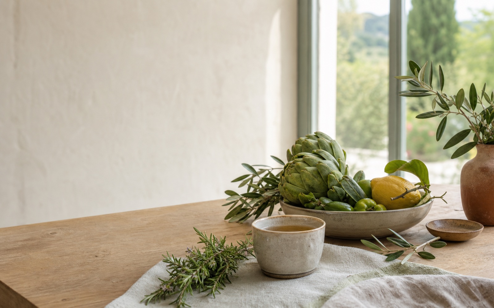 Infusion, fruits frais et plantes dans une atmosphère naturelle et lumineuse